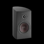 Black, rectangular speaker with a large woofer and smaller tweeter against a black background.