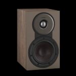 Two-way speaker with a wood veneer cabinet, showing a smaller tweeter above a larger woofer on a brown front panel (brand visible).