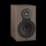 Brown wooden loudspeaker with a large black woofer and a smaller silver tweeter