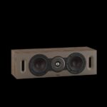Wooden rectangular speaker with two large woofers and a center tweeter, recessed side handles, against a black background (DALI).