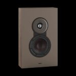 Floorstanding brown speaker with two drivers (tweeter and woofer) facing forward, DALI brand against a black background.