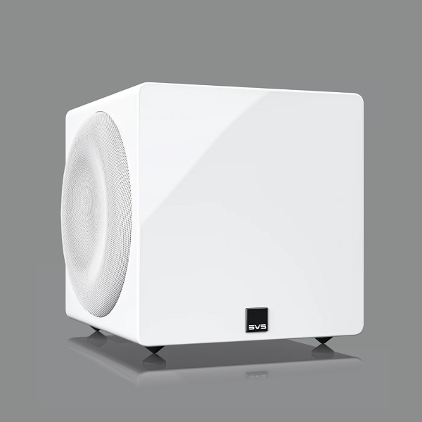 White rectangular subwoofer with a circular front grille on the left and a small SVS logo on the front panel, on a gray background.