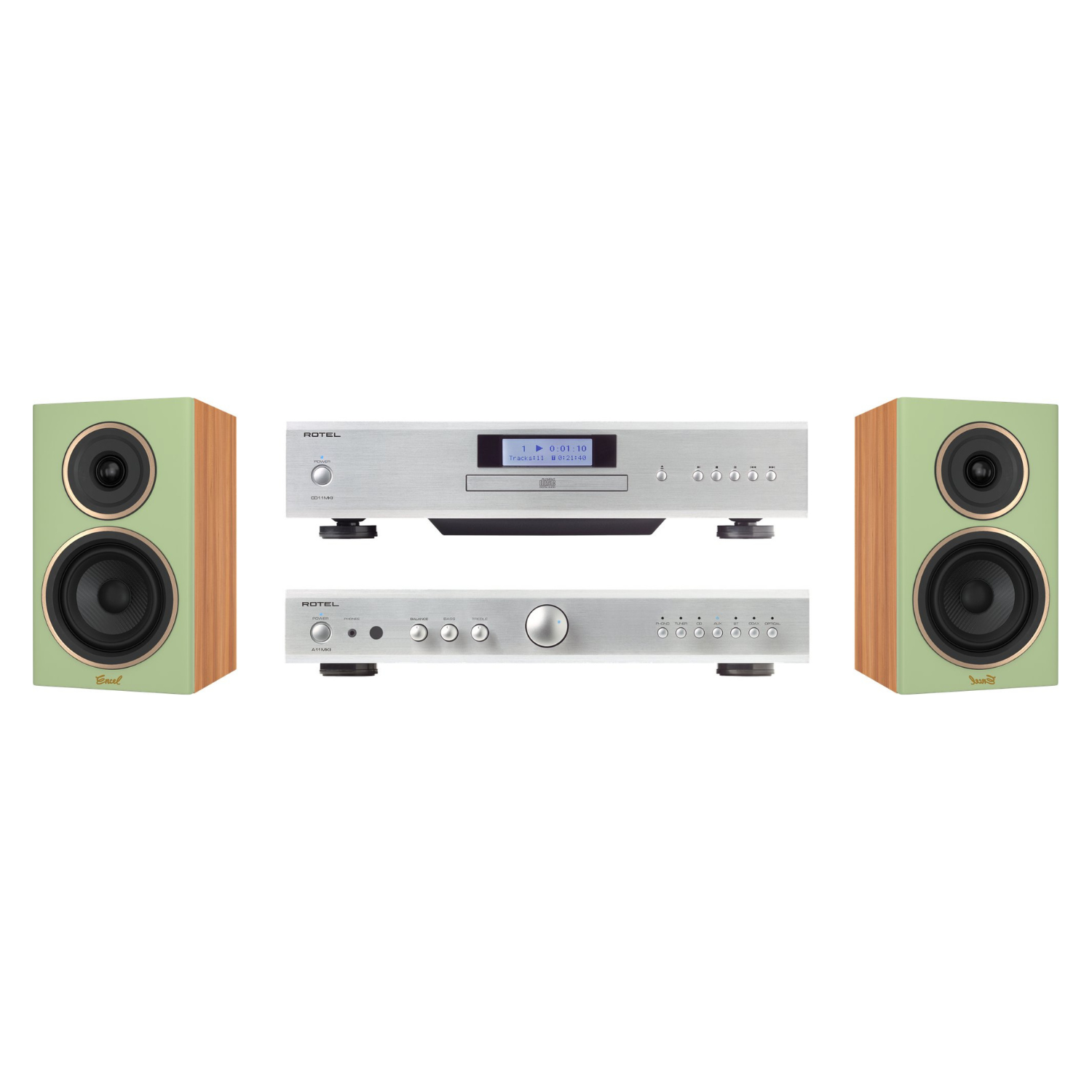 Hi-fi stereo system with two green wooden speakers flanking a silver CD player and amplifier on a white background.