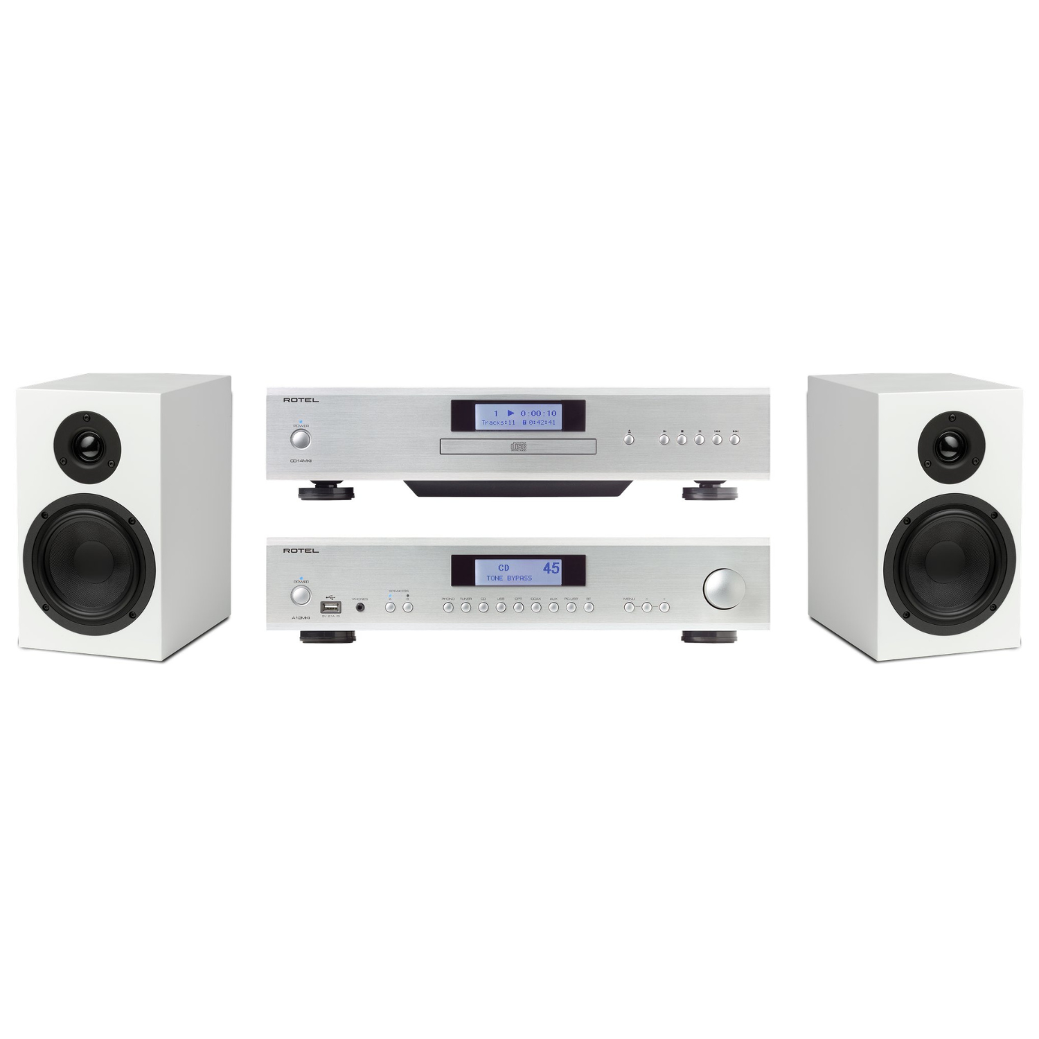 Silver home stereo system with two white speakers on either side of a CD/DVD receiver and amplifier set, on white background.