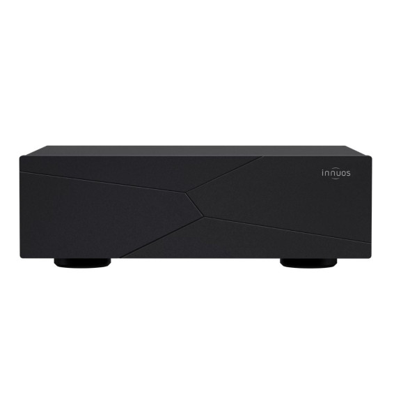 Compact black hi-fi component with geometric front panels and small feet, brand Innuos visible on right