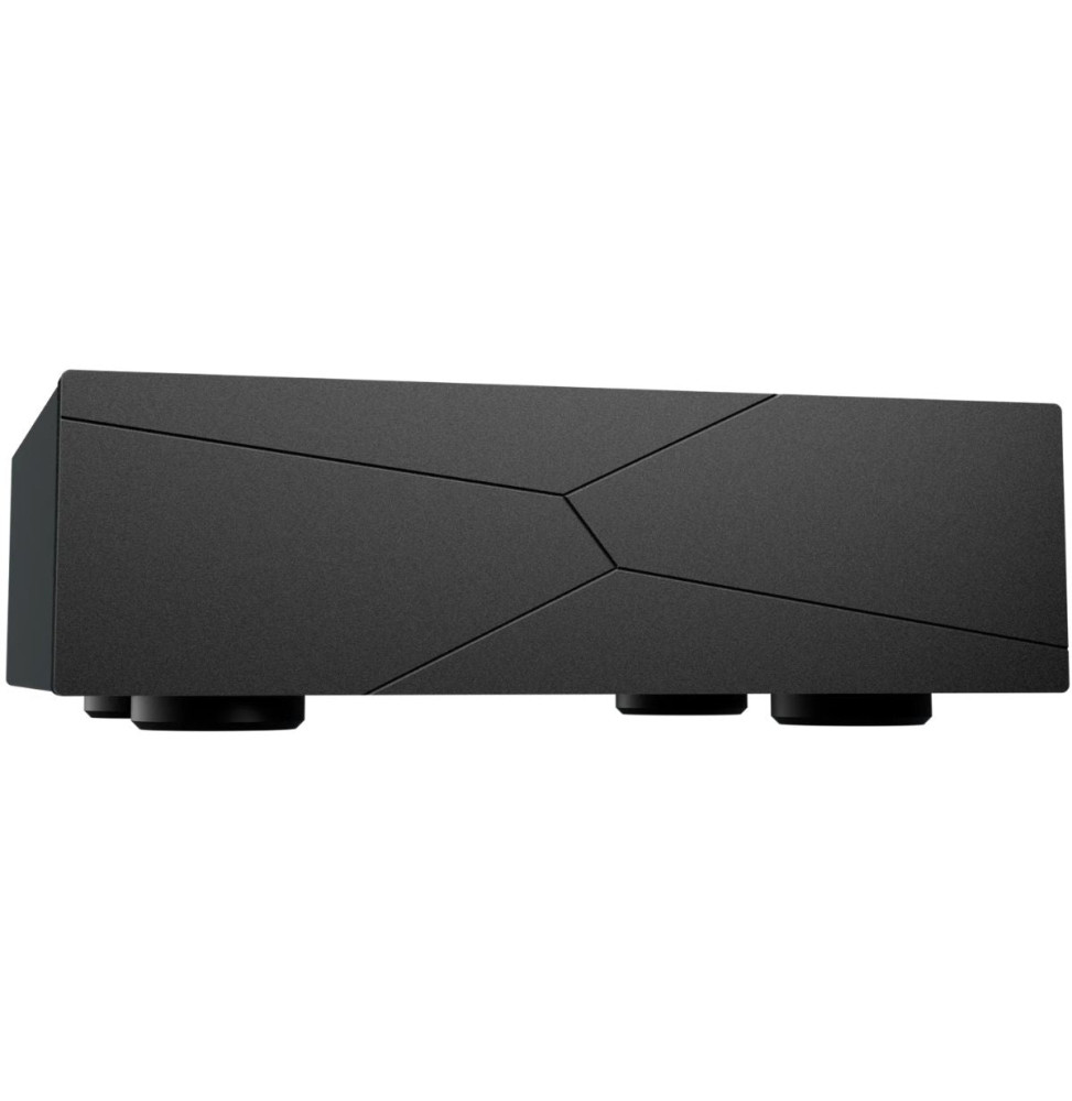 Compact black amplifier with angular, paneled front and three control knobs along the bottom edge.