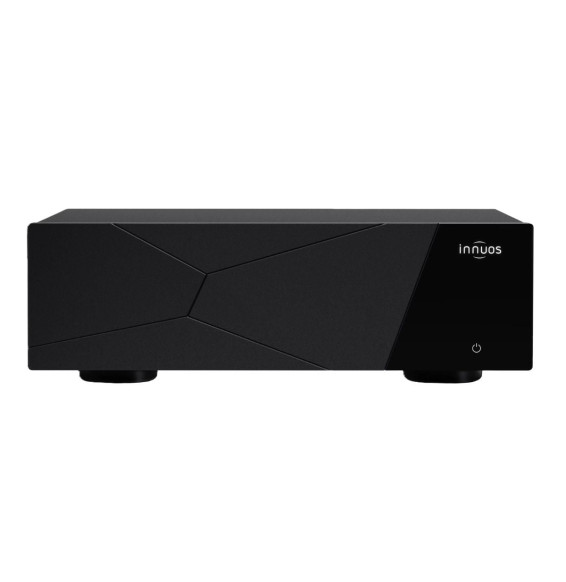 Black Innuos network music server with geometric panel design and a right-side power button
