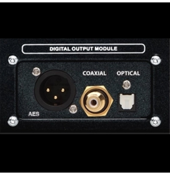Rear panel of a digital output module showing an AES circular port on the left, a coaxial connector in the center, and an optical port on the right.