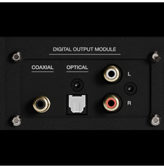 Rear panel of a digital output module showing coaxial and optical output ports and left/right RCA jacks (L/R).