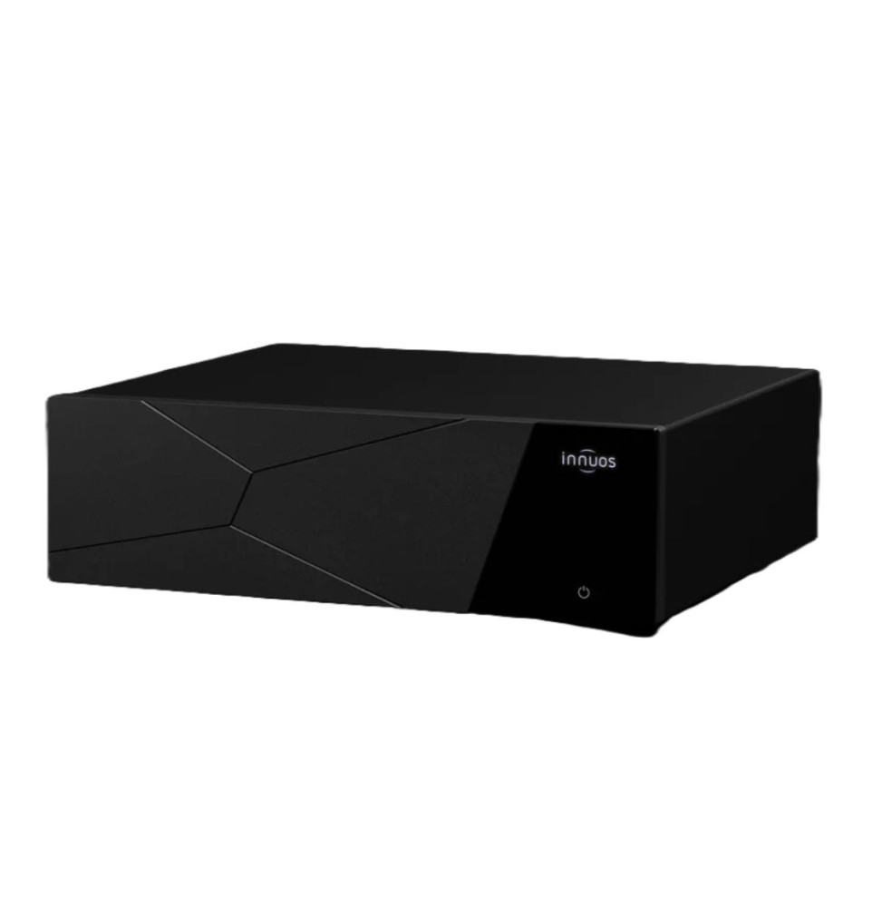 Black rectangular Innuos music server with a geometric front panel and power button on the right side.