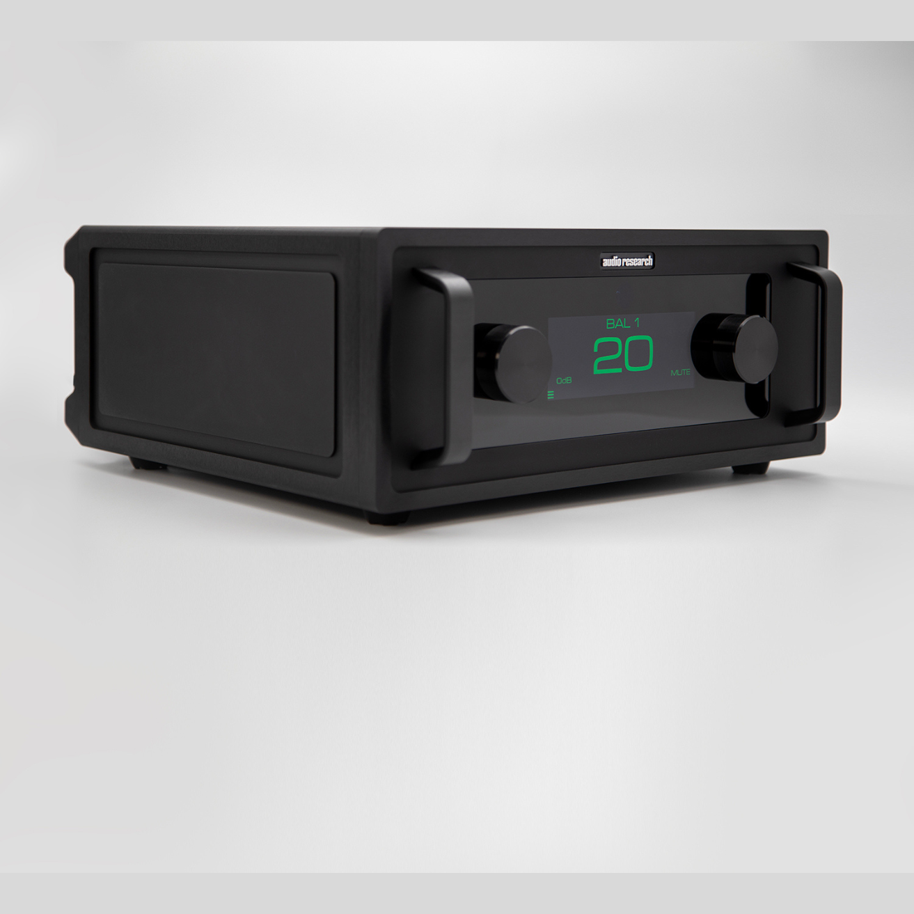 Audio equipment rack unit with a green digital display showing BAL 1 and the number 20 on a black panel