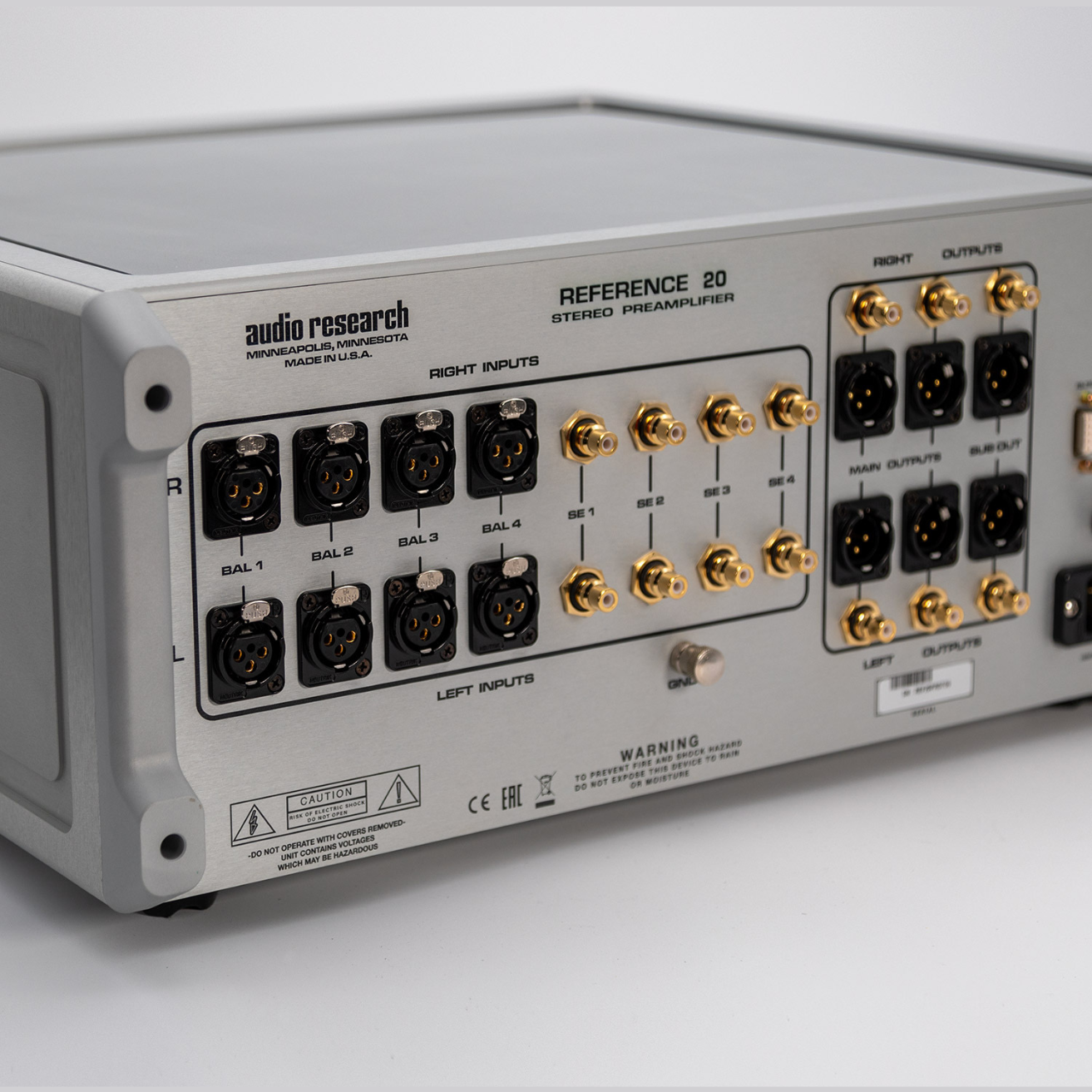 Rear panel of an Audio Research Reference 20 stereo preamplifier with BAL 1–4 XLR inputs and SE outputs (gold connectors)