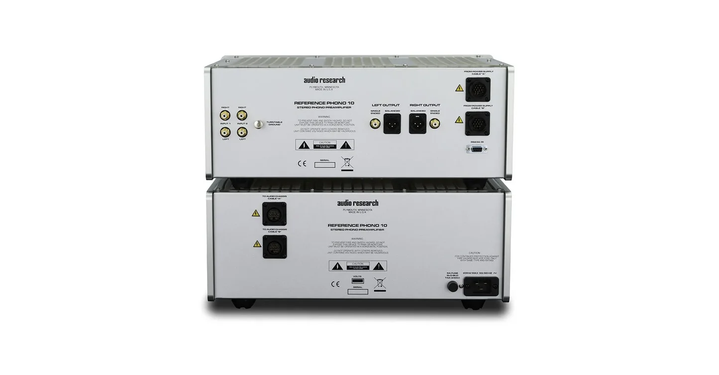 Two stacked Audio Research Reference Phono 10 stereo preamplifiers from the rear, showing inputs, outputs, and power connections on metal panels.