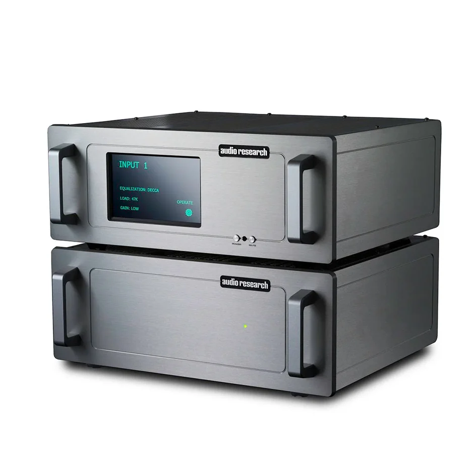 Two stacked Audio Research audio components with brushed metal fronts and large handles, one displaying INPUT 1 on a small screen.